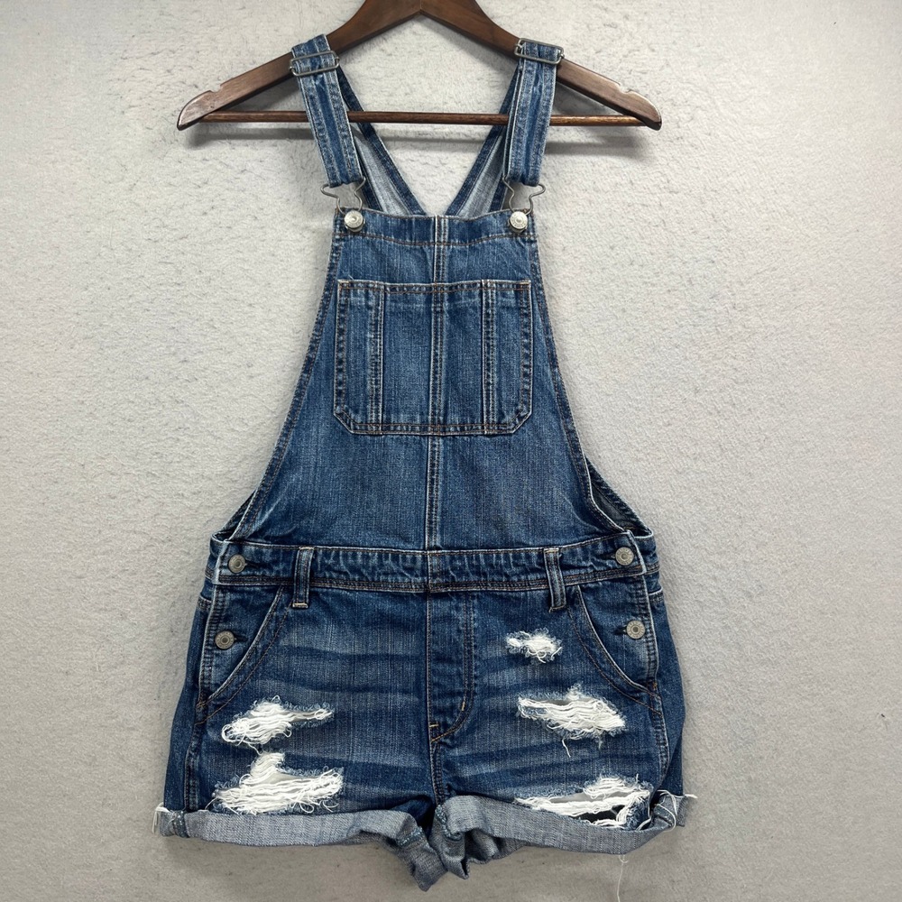American Eagle Tomgirl Shortall Women S Blue Denim Romper Distressed Bib Shorts